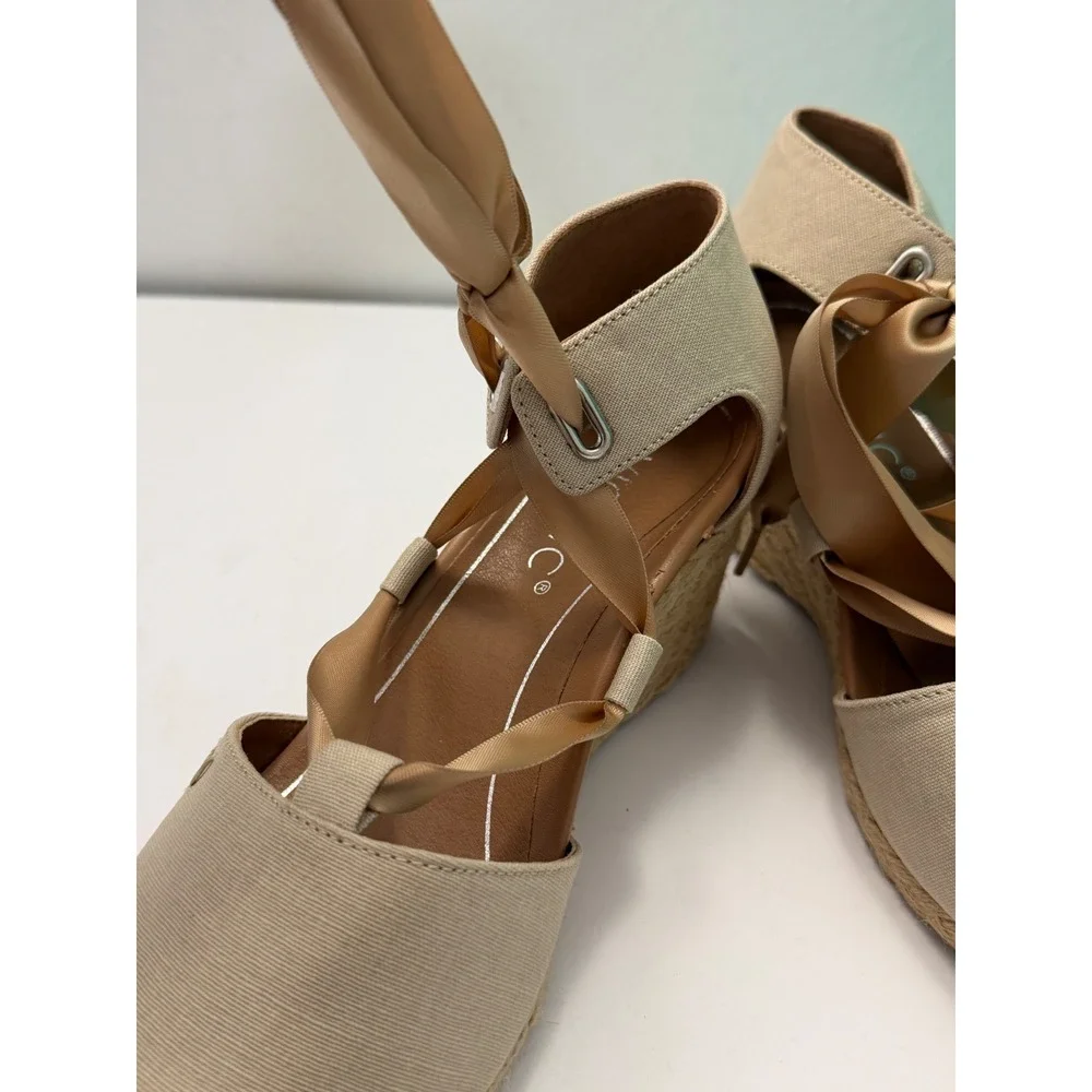 Vionic Kaitlyn Tan Canvas Ribbon Lace Up Espadrille Wedge Sandals Womens 7 Wide